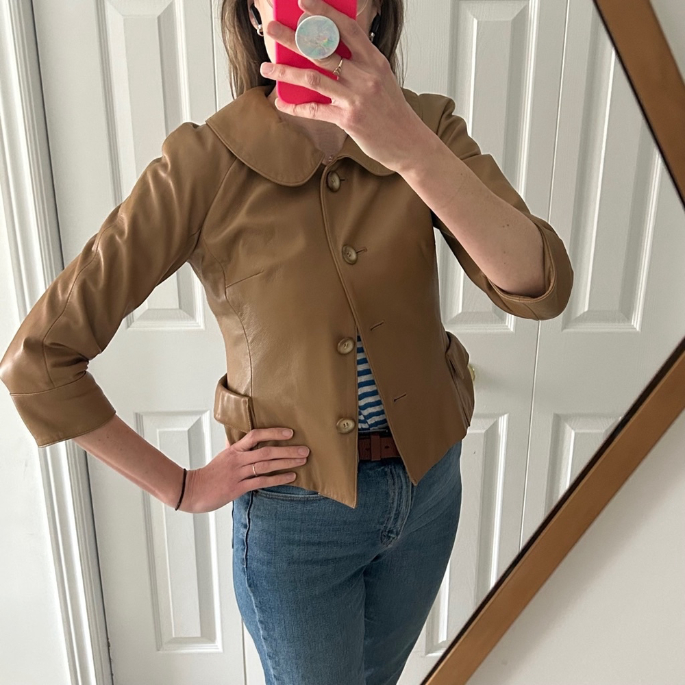 VINTAGE 100% Leather Nine West Cropped Peter Pan Collar Beige Jacket Size XS